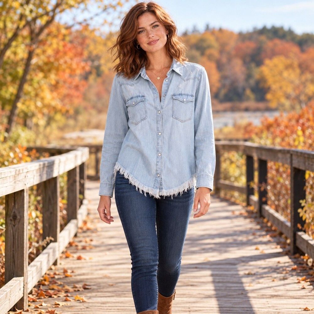Risen Jean Shirt Distressed Sz Med. Pearl Snaps Soft Denim Boho Western Cowgirl